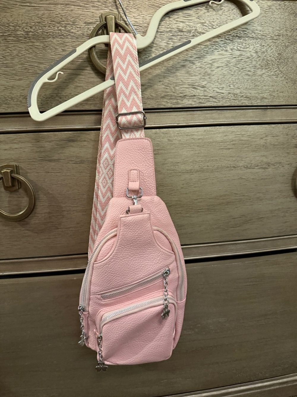 Pink Crossbody Sling Bag with Chevron Strap